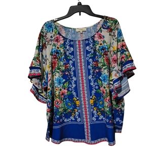 Umgee 1X Multicolor Floral Blouse Double Ruffle Sleeve Boho Peasant Lightweight